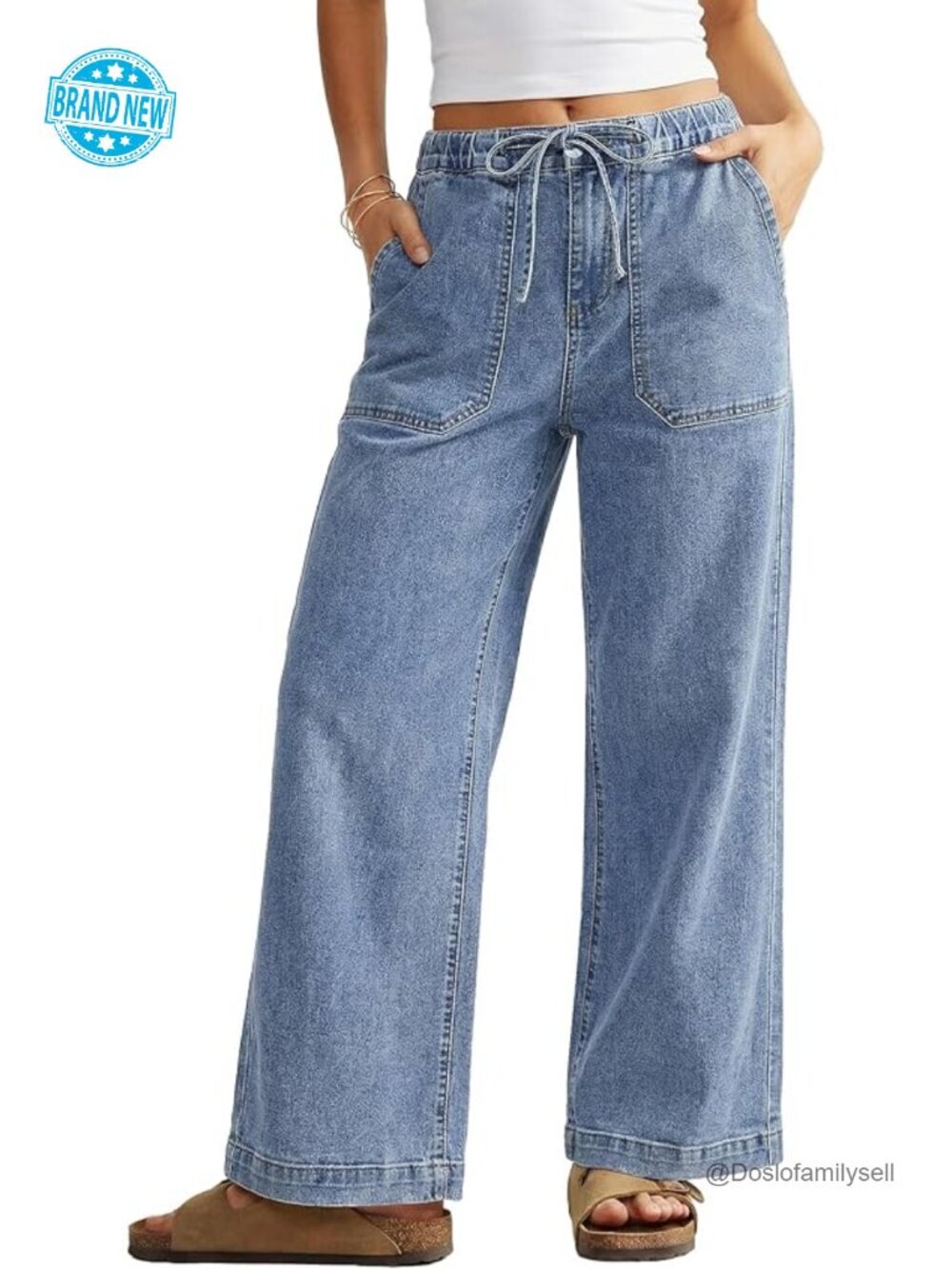 Wide Leg Drawstring Elastic Waist Stretchy Denim Pants Trouser Jeans